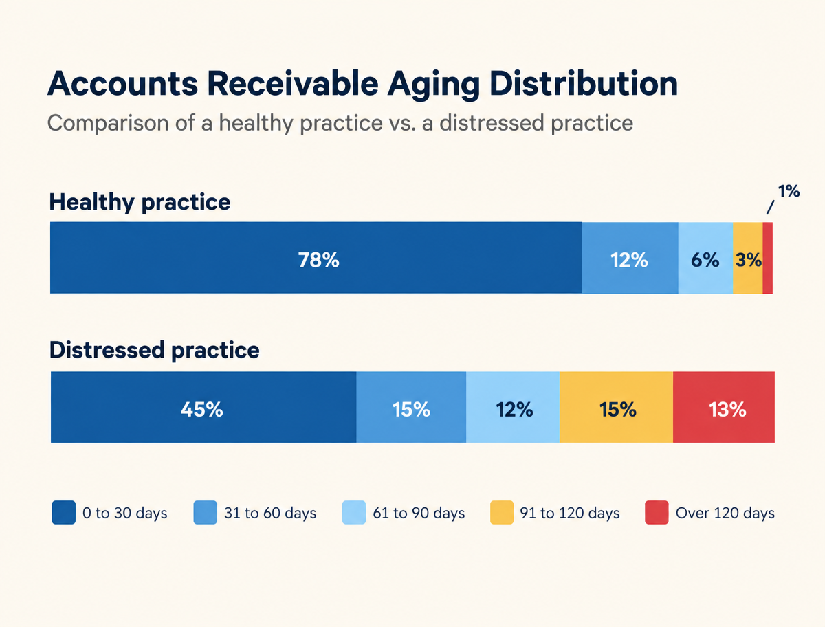 Healthy versus distressed AR aging distribution in a medical practice.