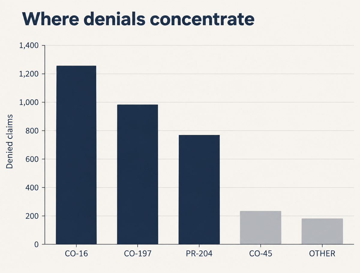 Most practice denials concentrate in a small number of denial codes.
